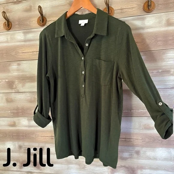 J.Jill-Gorgeous olive blouse. Super soft, roll tab sleeve. Size medium. Like new - Picture 2 of 11
